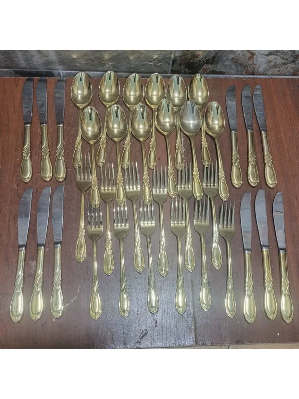36 Piece Classic Plume Gold Electroplated Flatware Marked Stainless Steel Korea